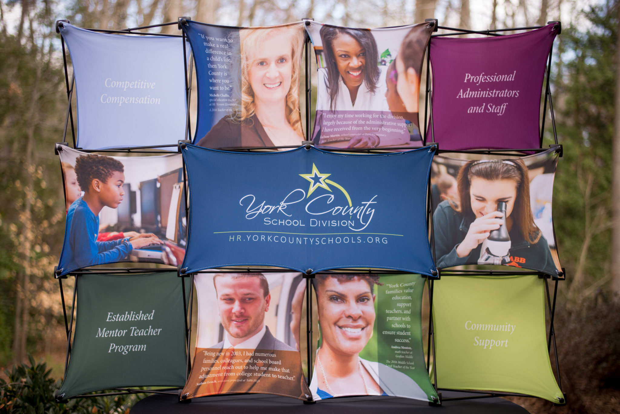 This award-winning campaign utilizes a job fair display, die cut handout, and website to garner more, quality applications for available teaching positions within YCSD. The strategic headers, quotes, and imagery consistently and cohesively touch the four main topics teachers are looking for in a school division: good compensation, helpful and caring administrators, professional development opportunities, and an engaged community.