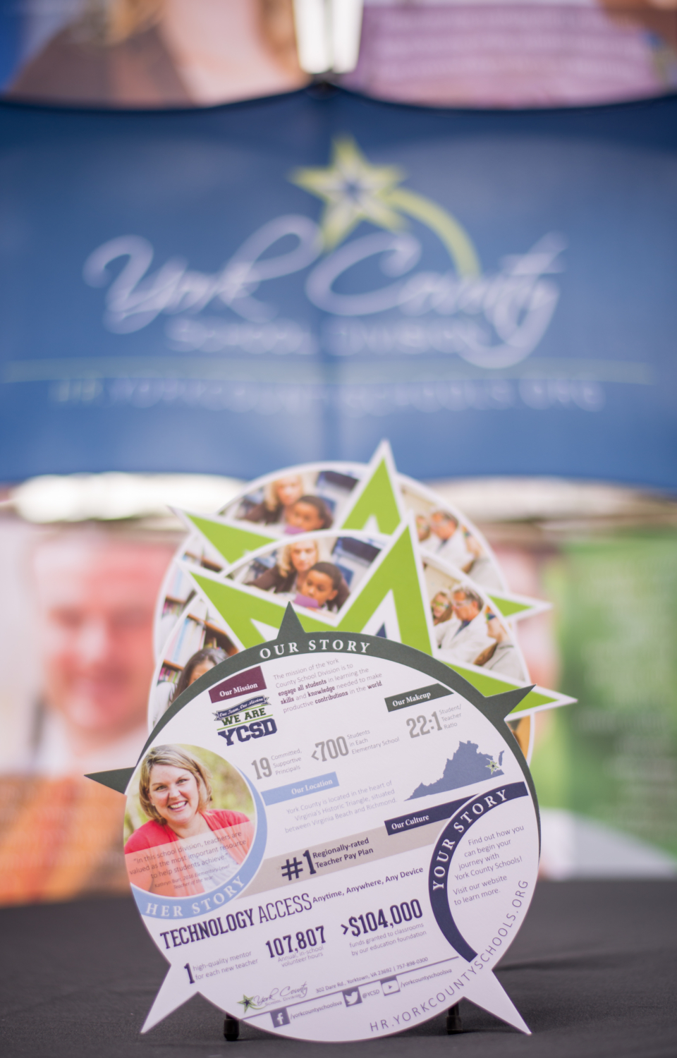 This award-winning campaign utilizes a job fair display, die cut handout, and website to garner more, quality applications for available teaching positions within YCSD. The strategic headers, quotes, and imagery consistently and cohesively touch the four main topics teachers are looking for in a school division: good compensation, helpful and caring administrators, professional development opportunities, and an engaged community.
